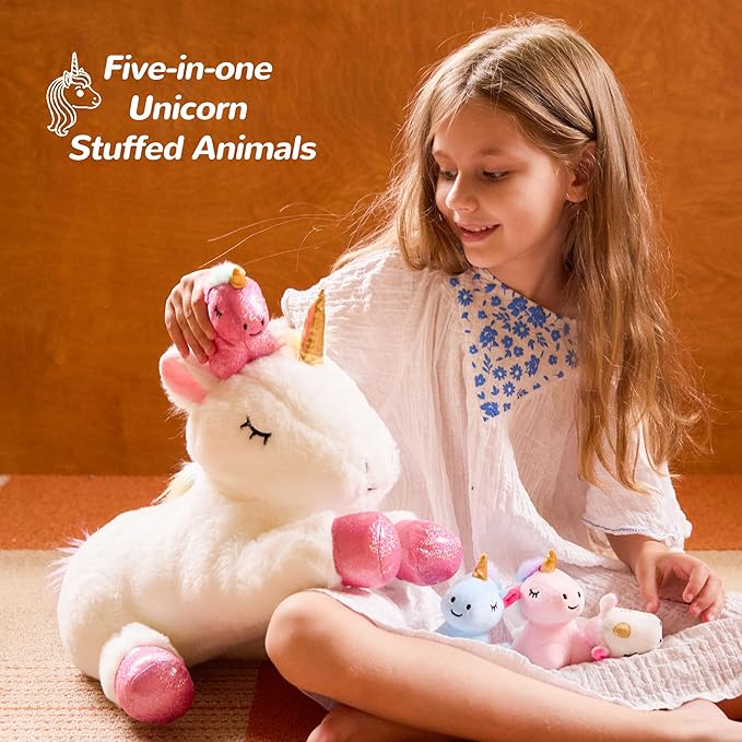 5 Pieces Unicorn Toys Stuffed Animals for Girls, 1 Mommy Unicorn with 4 Babies, Soft Plush Toys Gifts for Girls 3 4 5 6 7 8 9 Years, Kids, Children, Christmas, Birthday, Valentine's
