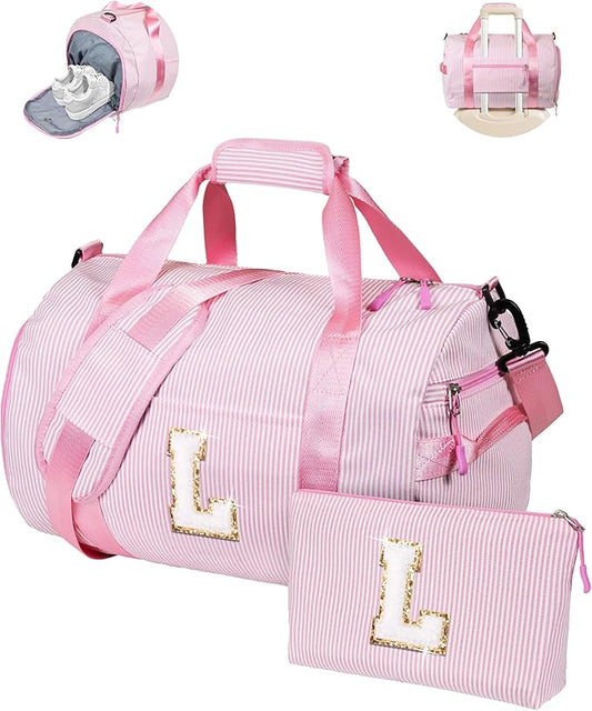 Gift for Grandkids, Girls Travel Duffle Bag, Kids Initial Overnight Bags with Shoe Compartment, Personalized Weekender Bag with Makeup Pouch, Niece Daughter Sister Birthday Gift (Letter L)