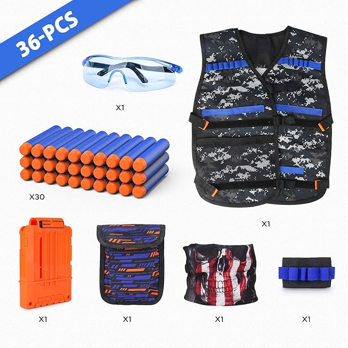 Kids Tactical Vest Kit for Nerf Guns Series with Refill Darts,Dart Pouch, Reload Clips, Tactical Mask, Wrist Band and Protective Glasses, Toys for 8 9 10 11 12 Year Boys