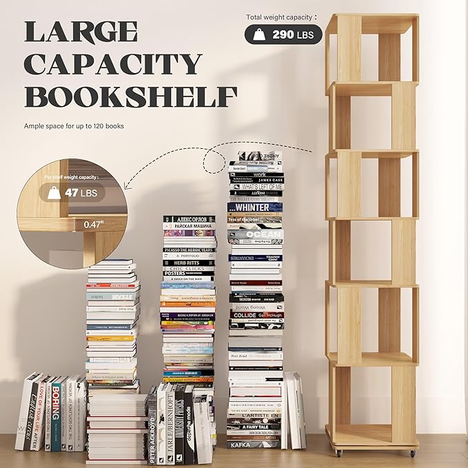 6 Tier Solid Wood Rotating Bookshelf Tower on Wheels, 360° Upgrade Spinning Book Shelf, Revolving Bookcase Organizer, Swivel Bookshelves for Small Spaces, Corner, Bedroom, Kids Room, Office (Natural)