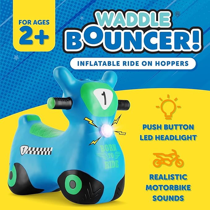 Waddle Bouncy Hopper Inflatable Hopping Animal Scooter, Indoors and Outdoor for Toddlers and Kids, Pump Included, Boys and Girls Ages 2 Years and Up (Blue Zoomer)