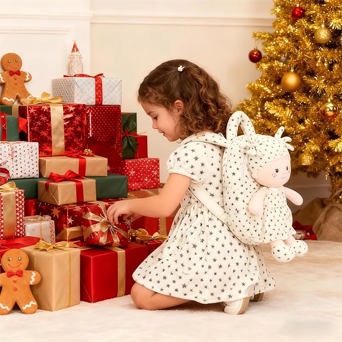 Onetoo Toddler Backpack for Girls 9” – Soft Plush Baby Doll Backpack, Cute Star Dress Stuffed Toy Bag, Perfect Birthday Christmas Gift for Kids, Preschool, Travel & Back to School