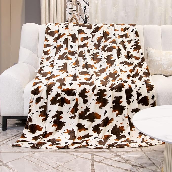 GEULAY Cow Print Fleece Blanket - Brown White Plush Throw, Lightweight Bed Couch Decor, Cute Cow Gifts for Women, Girls, Teens 50"x60"
