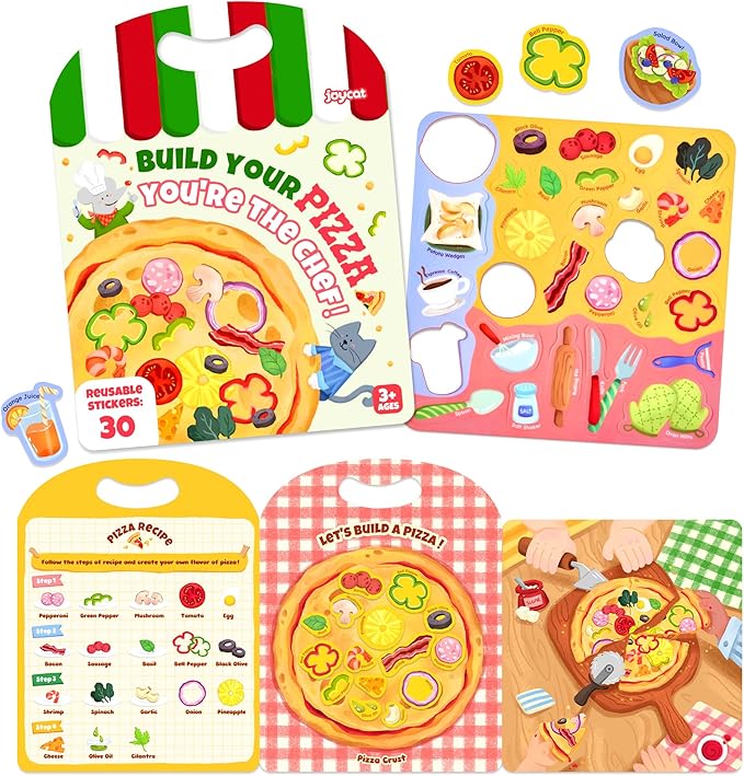 JoyCat Reusable Sticker Book - Jelly Stickers for Toddlers, Kids Sticker Activity Book, Travel Toys for Road Trip, Car & Airplane, Educational Learning Gifts for Boys and Girls Ages 3-5 (Pizza-Making)