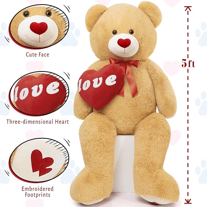 MorisMos 5 Feet Love Heart Giant Teddy Bear, I Love You Huge Bear Plush for Girlfriend, Jumbo 5 Foot Stuffed Animal Gifts for Boyfriend, Lover on Valentines, Anniversary, Birthday
