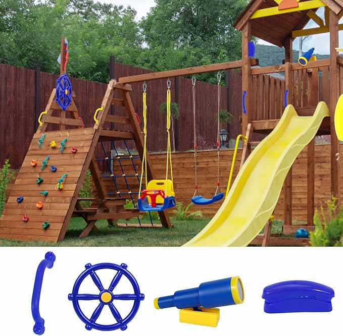 RedSwing Playground Accessories for Kids Outdoor, Playground Equipment Set for Backyard Playhouse, Swingset Attachments with Pirate Ship Wheel, Toy Telescope, Telephone and Safety Handles, Blue
