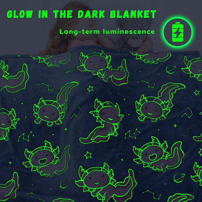 GEULAY Axolotl Twin Size Blanket for Bed & Couch - Glow in The Dark Axolotl Blanket Gifts for Girls Pink Salamander Fleece Twin Bed Throw Birthday Decoration for Bedroom All Season 60x80inch