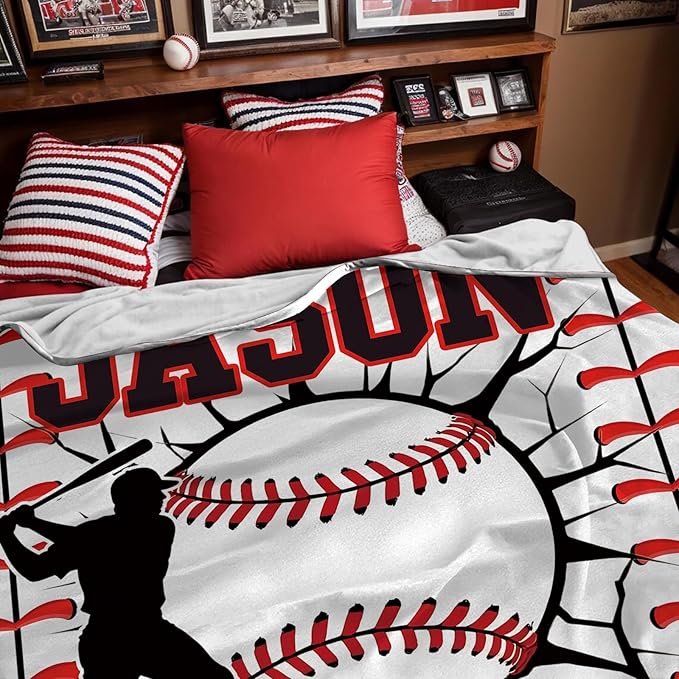 Personalized Baseball Blankets with Name Numbers, Custom Baseball Team Game Throw Flannel Blankets Stuff Gifts for Boys Sports Lover Fans Kids Adult