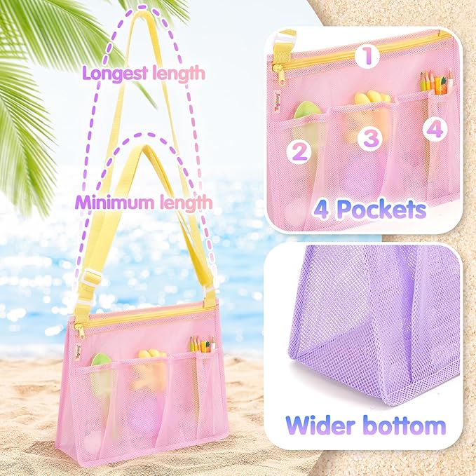 Tagitary Beach Toys Mesh Beach Bags with Zipper, Kids Pool Sand Toys Seashell Crossbody for Boys and Girls Summer Vacation Essentials