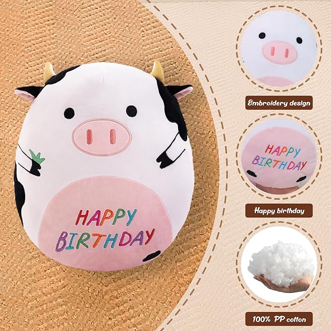 14.5" Birthday Cow Plush Pillow Black Cow Stuffed Animal Cute Soft Body Pillow Happy Birthday Decoration Gifts for Kids Girls and Boys