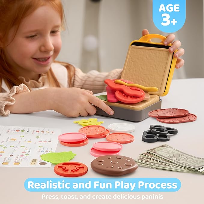 Play Food Toy for 3 4 5 6 Year Old Kids, 35 Pcs Play Kitchen Accessories, Interactive Panini Sandwich Making Toy with Menu and Play Money, Restaurant Pretend and Play Toy for Girls Boys Birthday Gift