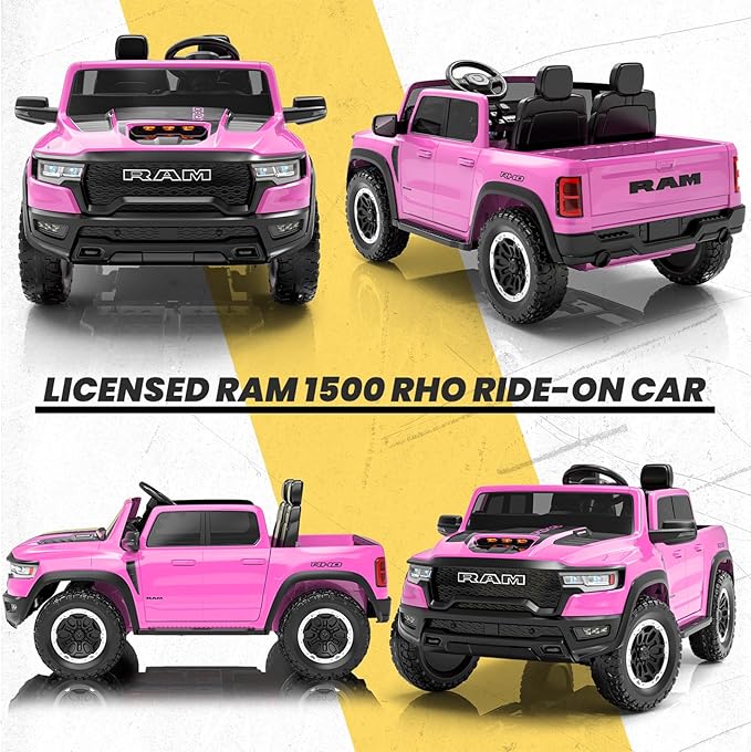 Licensed RAM 1500 RHO 24V Ride on Car for Kids, 2 Seater Pink Car for Girls w/Remote Control, Kids Electric Car with LED Lights, Bluetooth, Music, 4 Wheels Suspension, Truck Bed Storage(Pink)