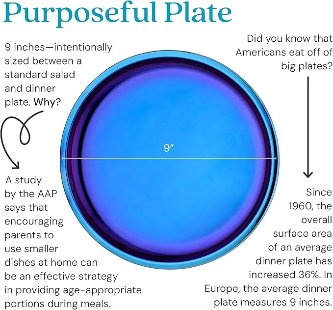 Ahimsa Stainless Steel Kids Plates, 9" Colorful Non Divided Stainless Steel Plates, Pediatrician Designed & Non Toxic, Unbreakable, Dishwasher Safe, Single Blue