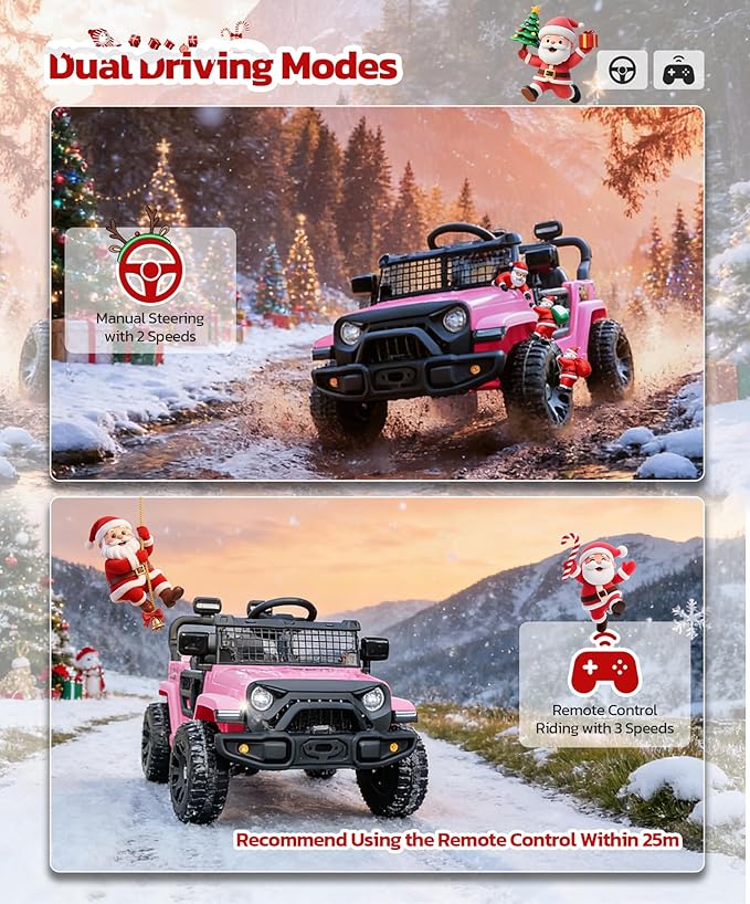 ELEMARA Kids Ride on Car, 12V Ride on Toys w/Remote, Electric Cars for Kid w/Bluetooth, LED Lights, Battery Car for Toddlers, Battery Powered Off-Road Vehicle w/Shock Absorbers, Kids Driving Car-Pink