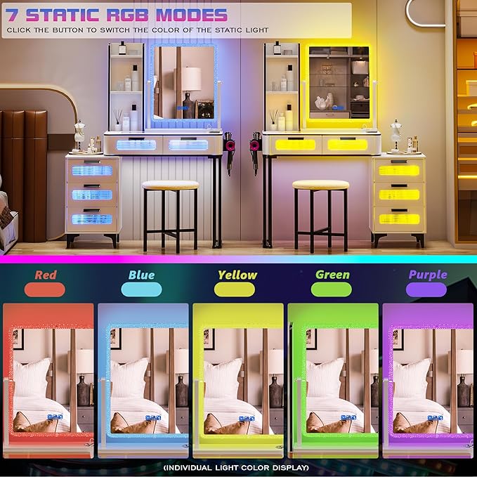 HNEBC Vanity with LED Mirror, Glass Top Dresser with Wireless Charging Station for Bedroom, Small Makeup Desk with 6 Drawers, Girls Dressing Table with Auto RGB Lighted for Christmas (5078-White)