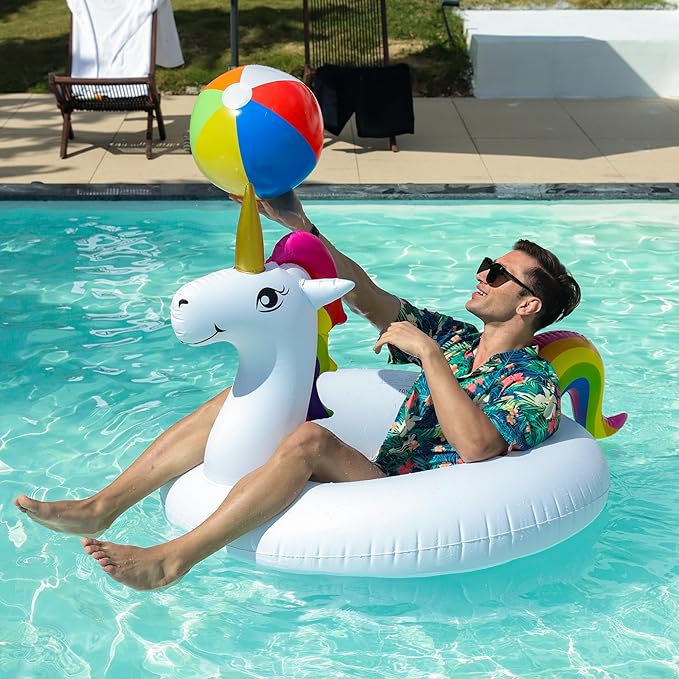 PARENTSWELL 43'' Inflatable Unicorn Flamingo Pool Floats, 2 Pack Pool Tube Floaties Swim Rings with 2 Beach Balls, Inflatable Pool Raft Tubes for Adults