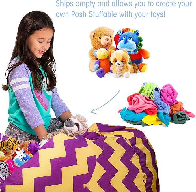 Posh Creations Stuffable Kids Stuffed Animal Storage Bean Bag Chair Cover - Childrens Toy Organizer, X-Large 48" - Pattern Chevron Purple and Yellow