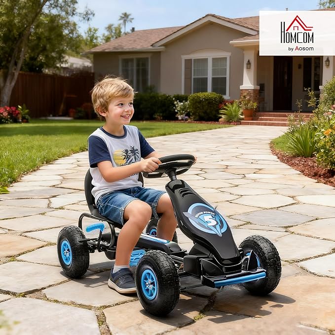Aosom Kids Pedal Go Kart Ride-on Toy with Ergonomic Comfort, Pedal Car with Tough, Wear-Resistant Tread, Go Cart Kids Car for Boys & Girls with Suspension System, Safety Hand Brake, Ages 5-12, Blue
