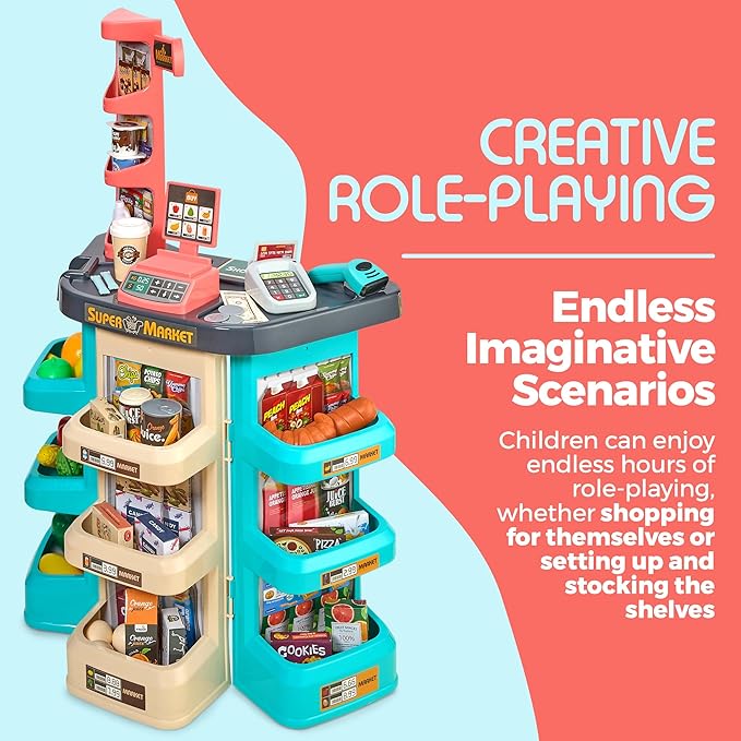 MEDca Kids Play Supermarket Set with Scanner - Pretend Play Grocery Shop Set - 47 Piece Complete Playset with Cash Register Credit Card Machine Scanner Shop Trolley and Food Gift for Boys and Girls