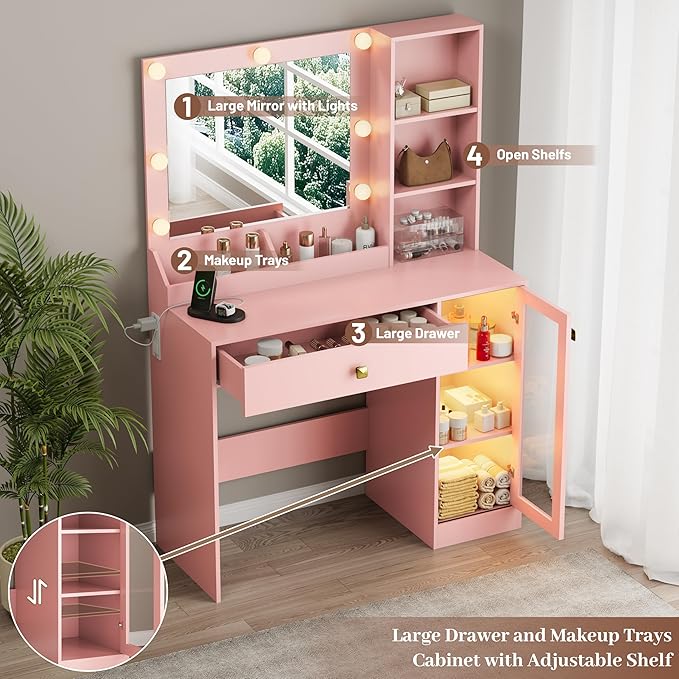 Makeup Vanity with Mirror and Lights & Power Outlet, 34'' Small Vanity Desk with Drawers and Storage Cabinet & Makeup Tray, Dressing Table for Girls Bedroom Dressing Room, Pink