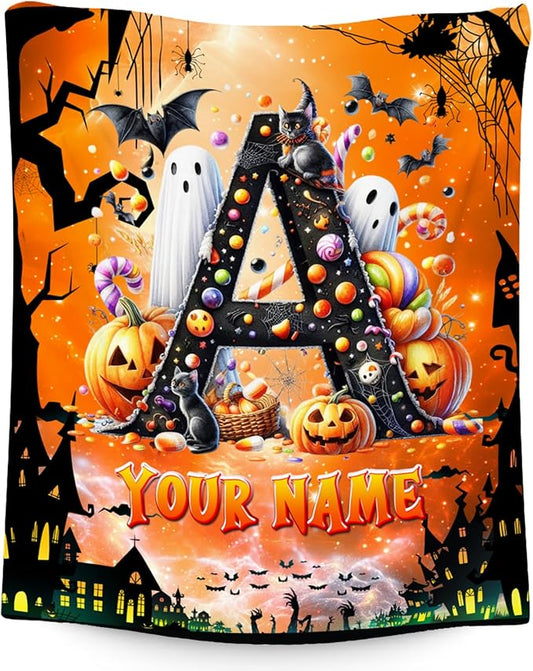 Halloween Blanket - Personalized Kids Blanket for Boys - Custom Gifts with Initial Name, Monogram Gifts for Son & Grandson - 30"x40" Soft Plush Toddler Throws for Party