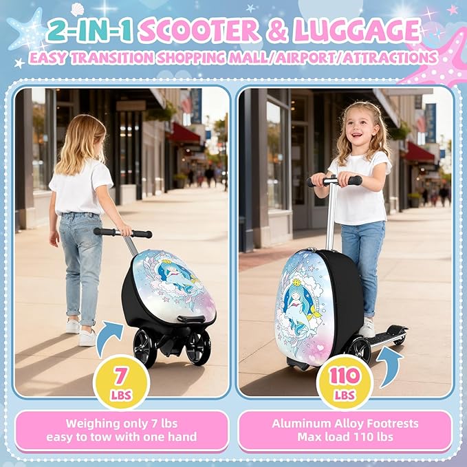 Scooter Suitcase for Kids, 2 in 1 Ride-on Luggage with Flash PU Wheels, Adjustable Handle & TPR Non-Slip Grip, Foldable & Lightweight, Ages 5-12