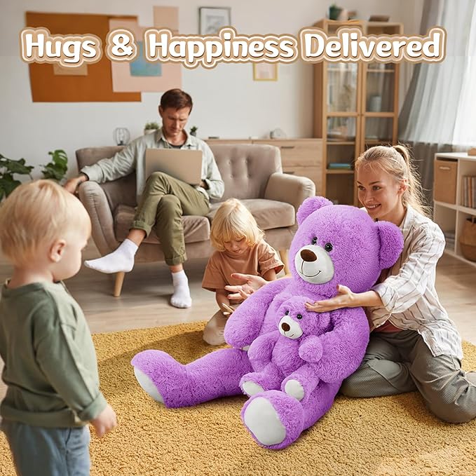 MorisMos Mom and Baby Giant Teddy Bear, 39inch Soft Big Teddy Bears Stuffed Animal Plush for Baby Shower, Purple