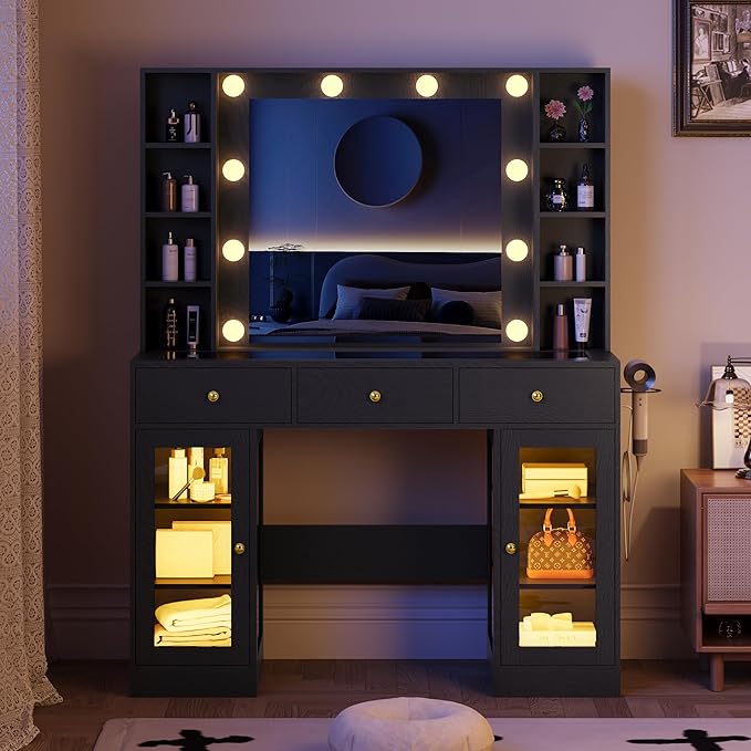 Makeup Vanity with Mirror and Lights, 43'' Wide Dressing Table with Storage Drawers, Open Shelves & Power Outlet, Vanity Desk with RGB Cabinet & Glass Top for Girls Bedroom, Living Room, Black