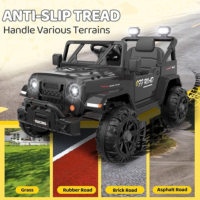 12V Ride On Truck Car with Remote Control, Kids Electric Vehicles with Bluetooth Music, Horn, 3 Speeds, 4 LED Lights, Soft Start, Ride on Toys for Toddler Boys & Girls (Black)