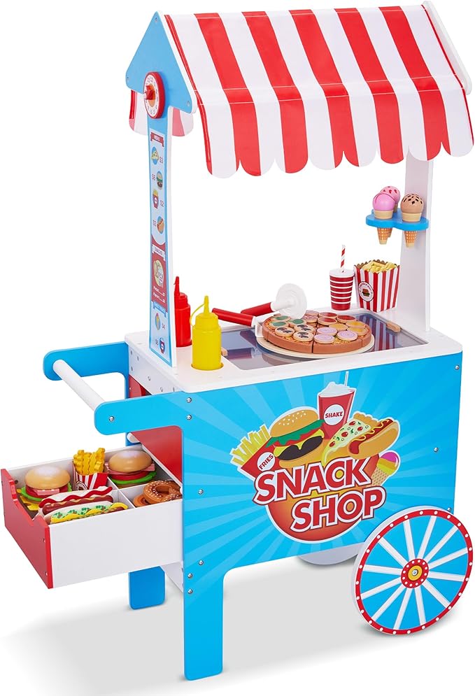 Lil’ Jumbl Wooden Snack Shop Playset | Kids Play Pretend Hot Dog Stand Push Cart w/ 125+ Burger, Fries, Pizza & Ice Cream Toy Accessories, Food Displays, Awning, Freezer, Storage Drawers & Menus