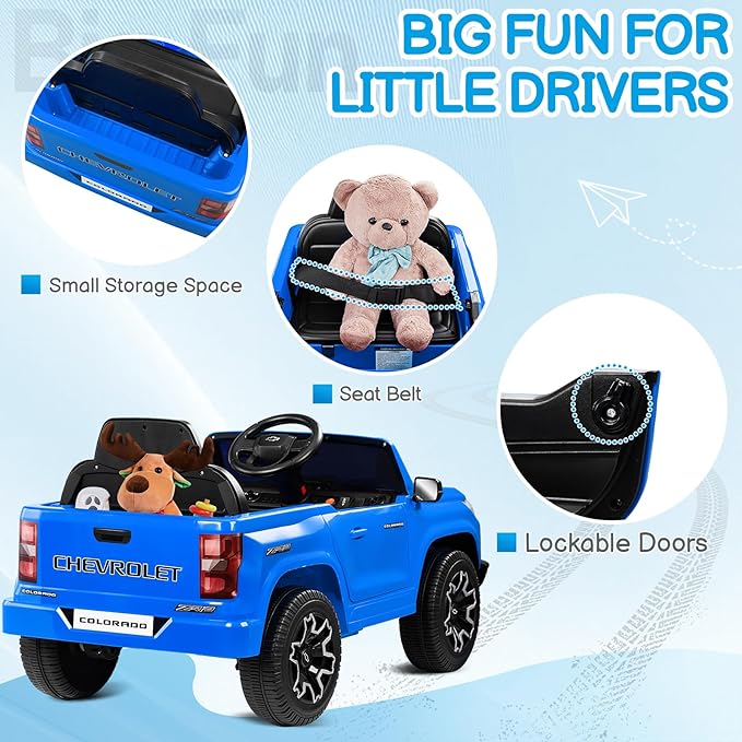 Winado Licensed Chevrolet Colorado Electric Car for Kids, 12V Ride on Toys for Toddlers with Remote Control, Battery Powered Electric Car Ride On Vehicle w/Bluetooth, Soft Start, LED Lights - Blue