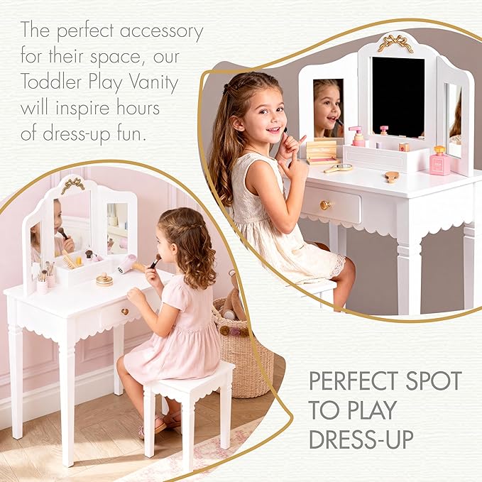 Spirich Pretend Play Kids Vanity Set with Mirror and Stool, Kids Make Up Vanity Desk for Little Girls, Children Makeup Dressing Table with Drawer
