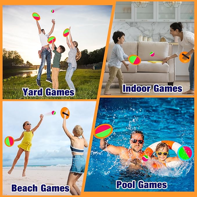 Kids Outdoor Toys - Toss and Catch Game Set, Outside Yard Camping Beach Pool Toys Games for Boys Girls 3 4 5 6 7 8 9 10 Year Old, 4 Paddles 4 Balls (Orange+Orange)