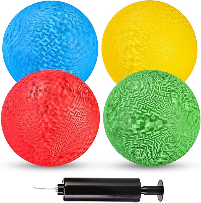 Kickball Set, 8.5 Inch Playground Ball, 4 Pcs Dodgeball Kickballs with 1 Pump, Rubber Kick Balls for Kids Adults Outdoor, Official Size Bouncing Hand Balls for Camps and Schools