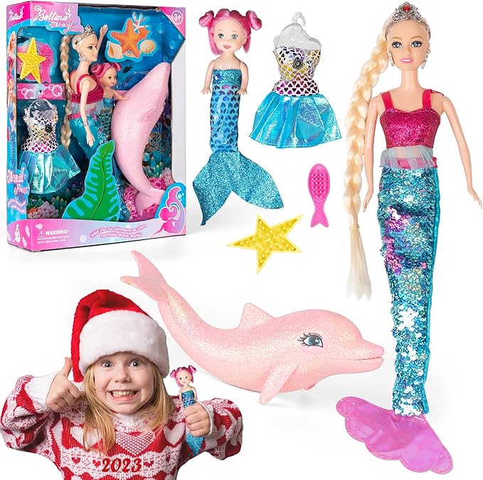 Princess Doll with Little Mermaid & Pink Dolphin Playset, Blonde Hair Dolls Toys with Accessories, Gift for 3 to 7 Year Old Girls