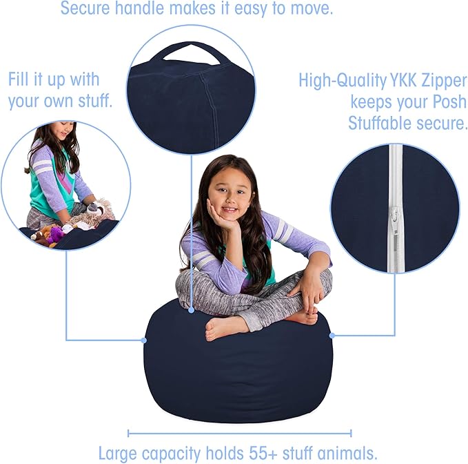 Posh Stuffable Kids Stuffed Animal Storage Bean Bag Chair Cover - Childrens Toy Organizer, Medium 27" - Solid Navy Blue