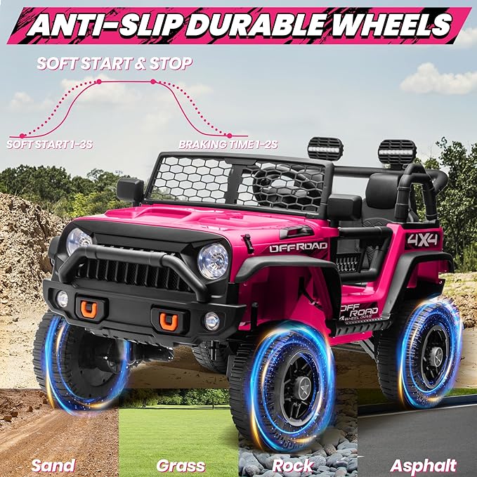 JOYRACER 24V 2 Seater Ride On Toys for Big Kids, 800W Power Truck Wheels with Remote Control, 4WD/2WD Switchable, 20" Spacious Seat, Soft Start, Bluetooth, Electric Car for Kids Ages 3-8, Rose Red