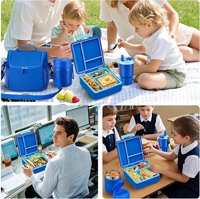 Bento Lunch Box for Kids with 17oz Soup Thermo,Insulated Tumbler Water Bottle and Insulated Lunch Bag,Leak-Proof 3 Compartment Lunch Food Container with Ice Pack for Kids to School-Blue