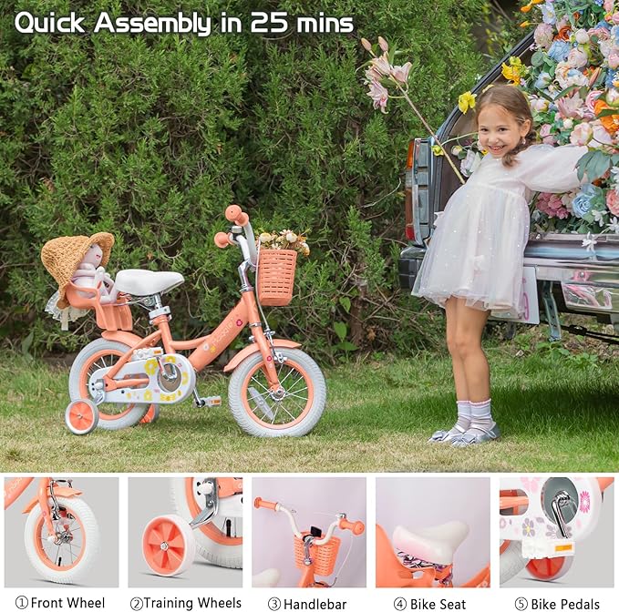 Glerc Maggie Girls Bike, 12-20 Inch Kids Bike for 2-13 Years Old Children, Princess Style Kids Bicycle with Doll-Seat & Basket & Training Wheels, Multiple Colors