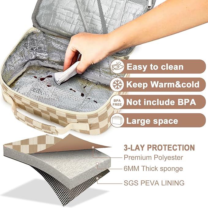 Kids Girls Lunch Bag Insulated Lunch Box for school Corduroy Lunch Cooler Organizer School Kids Lunch Tote (Corduroy checkered brown)