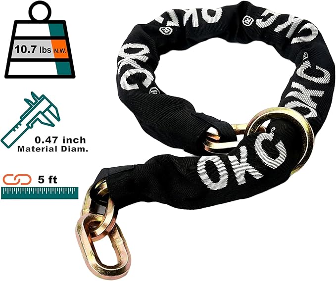 OKG Maximum Security Heavy Duty Cinch Chain, 10 lbs, 5 ft x 1/2 in (12mm) Cut Proof Chain with Hardened Steel for Motorcycles, Trailers, Generators