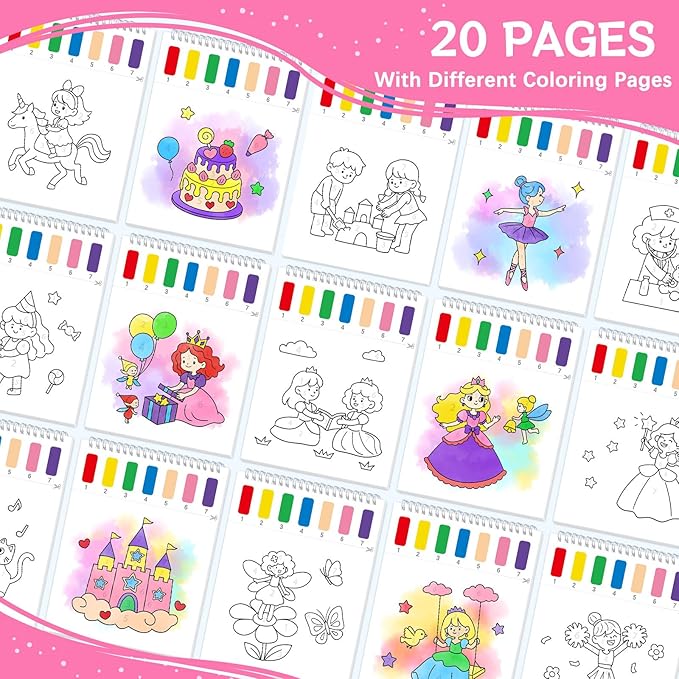 Paint with Water Coloring Books for Toddlers,Princess and Party Theme Mess Free Watercolor Painting Papers for Kids Water Color Paint Kit Art Craft Birthday Gift for Ages 1-3, 4-8