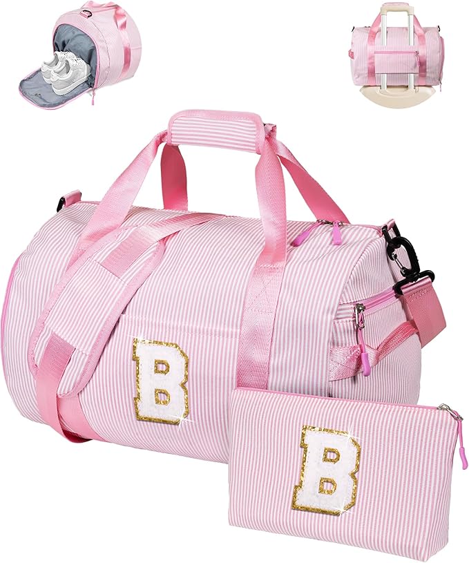Cute Preppy Gifts for Toddler, Girls Travel Duffle Bag, Kids Initial Overnight Bags with Shoe Compartment, Personalized Weekender Bag with Makeup Pouch, Trendy Stuff (Letter B)