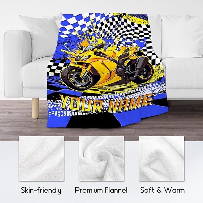 Personalized Blanket for Boys, Motorcycle Blankets Gifts, Custom Car Throw for Kids Grandson, Fluffy Flannel Throw for Men, 50"x60"