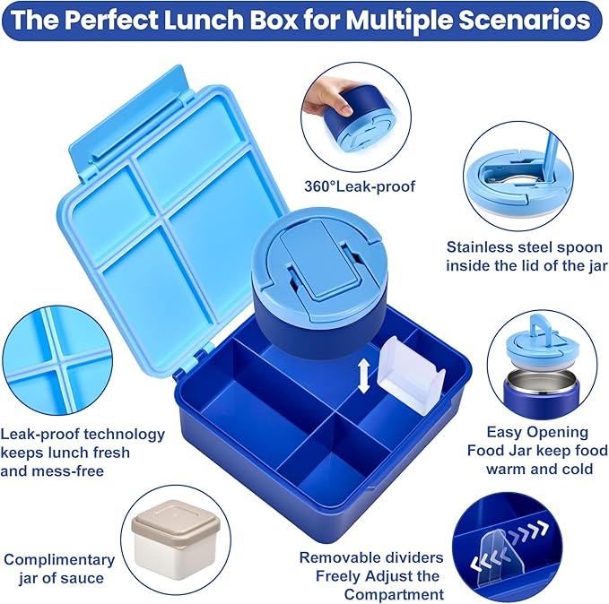 Bento Lunch Box with 8oz Soup Thermo,Kids Leakproof 4 Compartment Lunch Food Containers with Sauce Cup and Ice Pack,Kids Thermo Insulated Hot Food Jar and Lunch Bag for School,Trvael-Blue