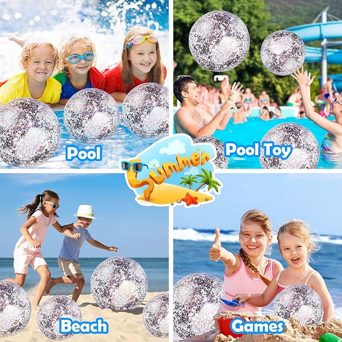 Chivao 18 Pcs Sequins Beach Ball 24 Inch 16 Inch Clear Inflatable Glitter Summer Swimming Pool Balls Wedding Outdoor Floatable Decor Confetti Decor for Beach Party(Multi Color)