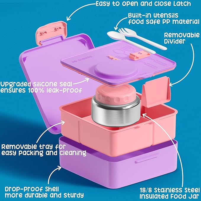 Fimibuke Bento lunch Box Set for Kids Adult with 8oz Insulated Food Jar, Lunch Bag & Sauce Cup, Leakproof Dishwasher Safe Toddler Lunch Food Container with 3-4 Compartment for School Girls Boys