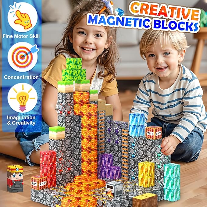 Magnetic Blocks 100PCS 1 inch Magnetic Building Cubes Kids Magnet Toys Crystal Mine Cave Inspired Playset Magworld Add-on Building Craft Sensory Toys Game Gifts for Ages 3-5 4-6 5-7 8-12