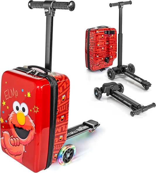 KIDDIETOTES Sesame Street 4-in-1 Detachable Scooter Luggage for Kids – Elmo – Ride-On Suitcase with Removable Luggage Body, Adjustable Handlebar, Durable Deck & Brake – Carry-On Travel Bag