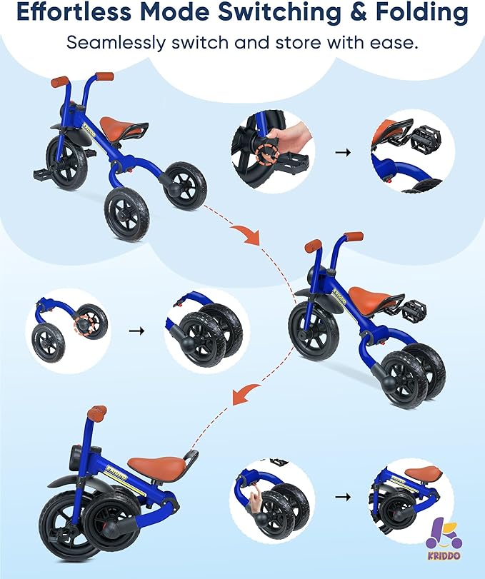 KRIDDO 2-in-1 Kids Balance Bike and Kids Tricycle for 2 to 5 Year Old, Toddler Balance Bike with Detachable Pedals, Tricycles for 3-5 Year Olds with Stitched Soft Grip, Blue